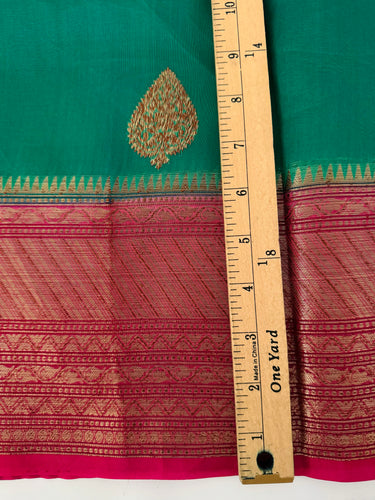 Sheer Lightweight Organza Silk Saree with Tussar Silk Border | Antique Zari | Shade of Peacock Green | Handwoven | Ships from California